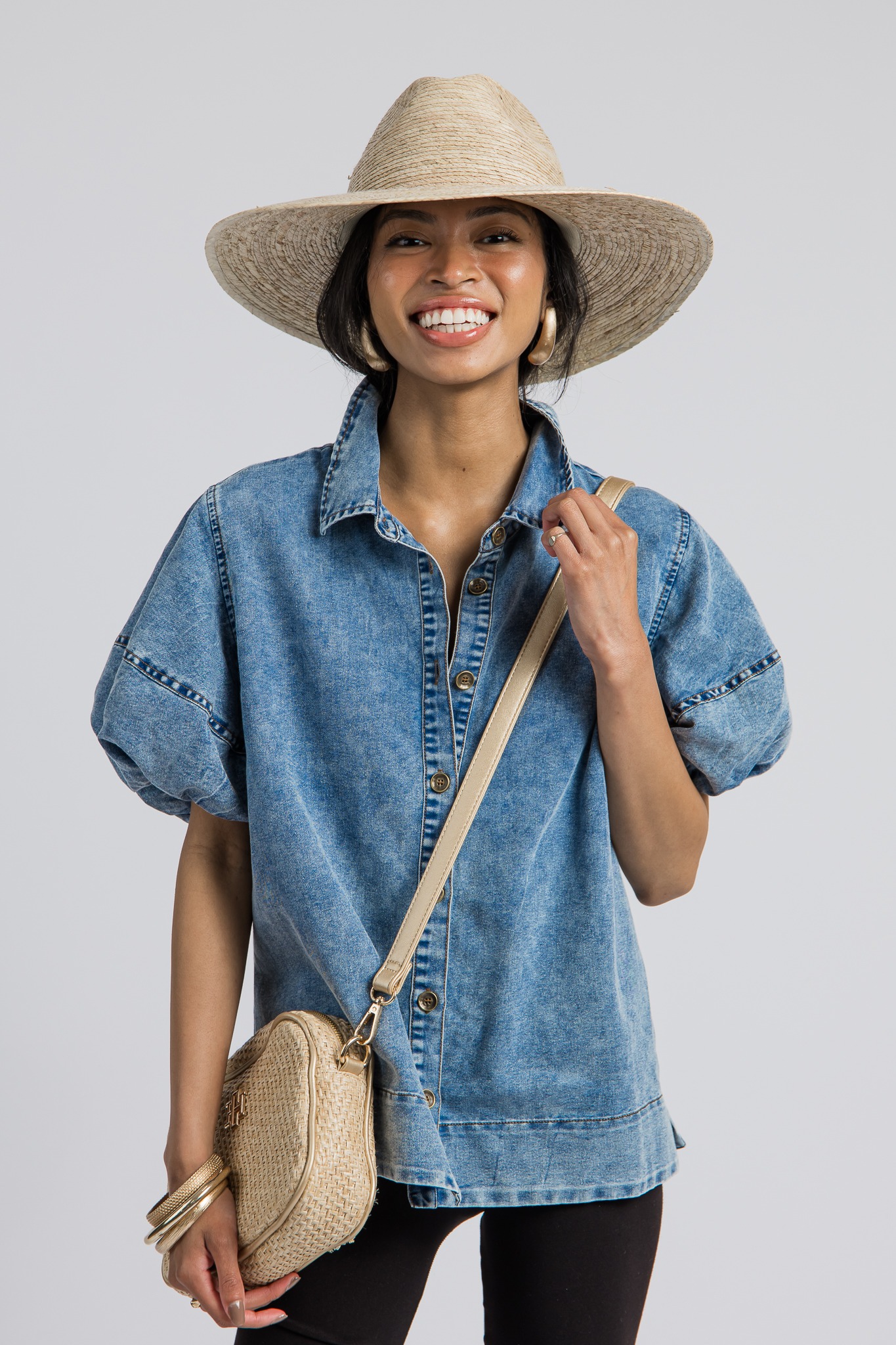 M*e様 seya. PUFFY SHIRT SILK DENIM BLOUSO SEIZE THE DAY LONG SLEEVE FLOUNCE MEDIUM BLUE DENIM TOP – AKIRA